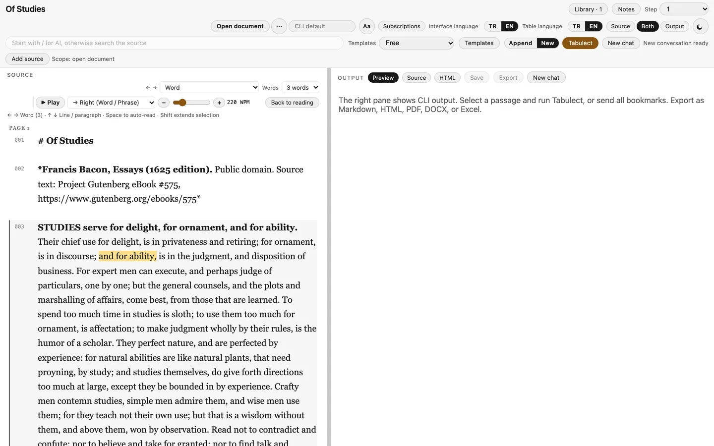Tabulect two-pane view: the essay “Of Studies” on the left with a three-word group highlighted in yellow; the empty output pane on the right.