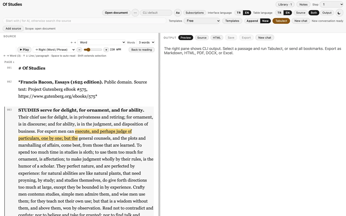 Tabulect source pane with a passage highlighted in yellow and saved as a bookmark.