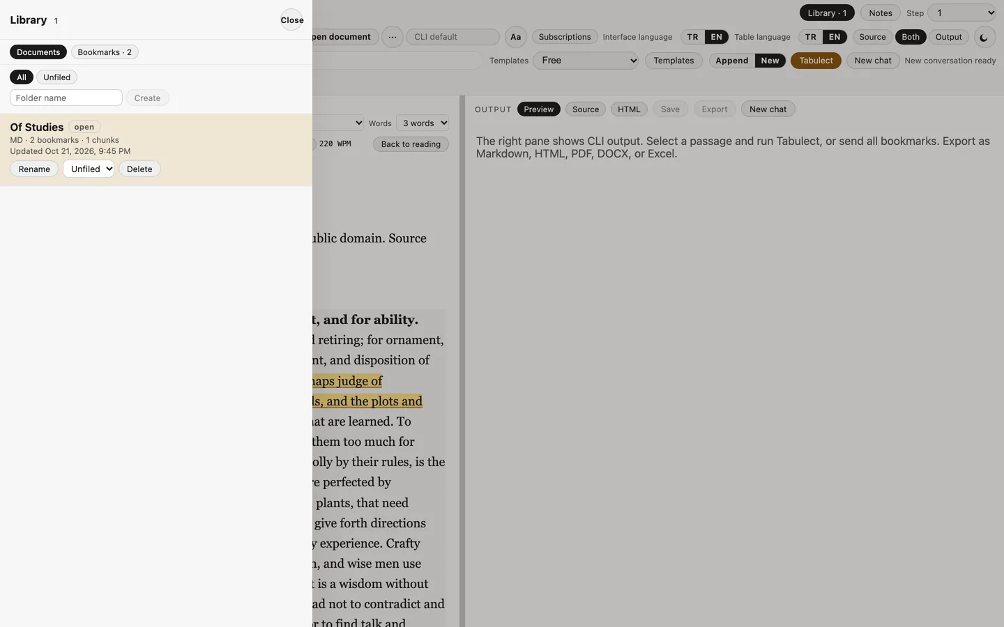 Tabulect Library panel open on the left, listing the document “Of Studies” with its two bookmarks.