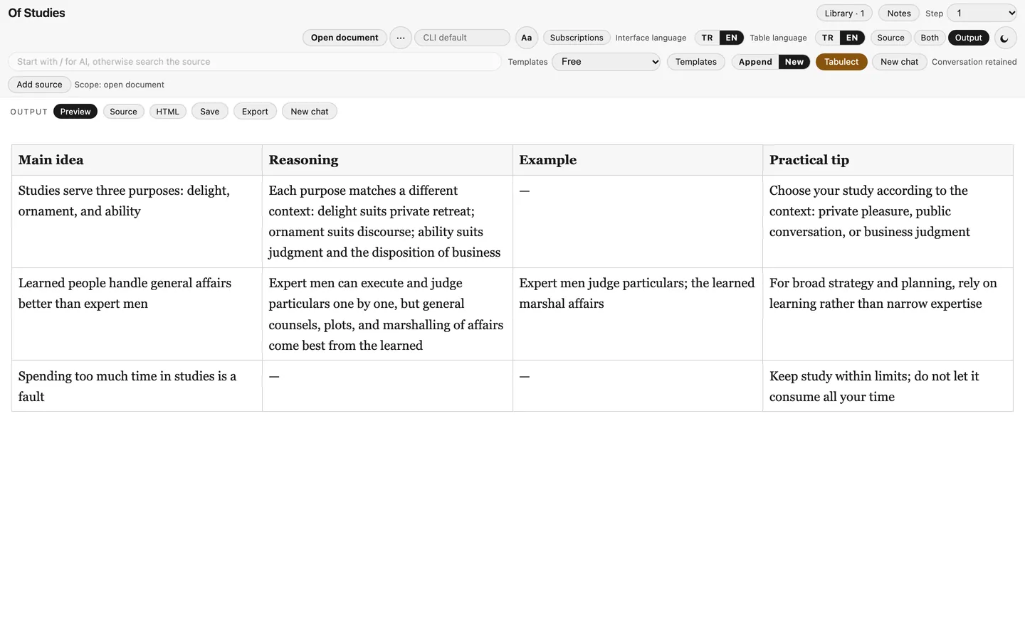 Tabulect output-only view showing a table with columns Main idea, Reasoning, Example and Practical tip summarising the first paragraph of “Of Studies”.