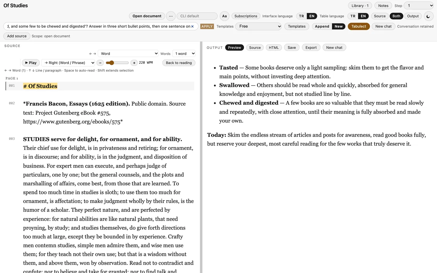 Tabulect output pane with a bulleted answer explaining books to be tasted, swallowed, and chewed and digested.