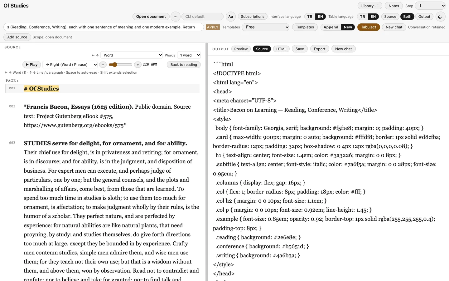 Tabulect output pane in Source view showing the HTML and CSS of the generated card.