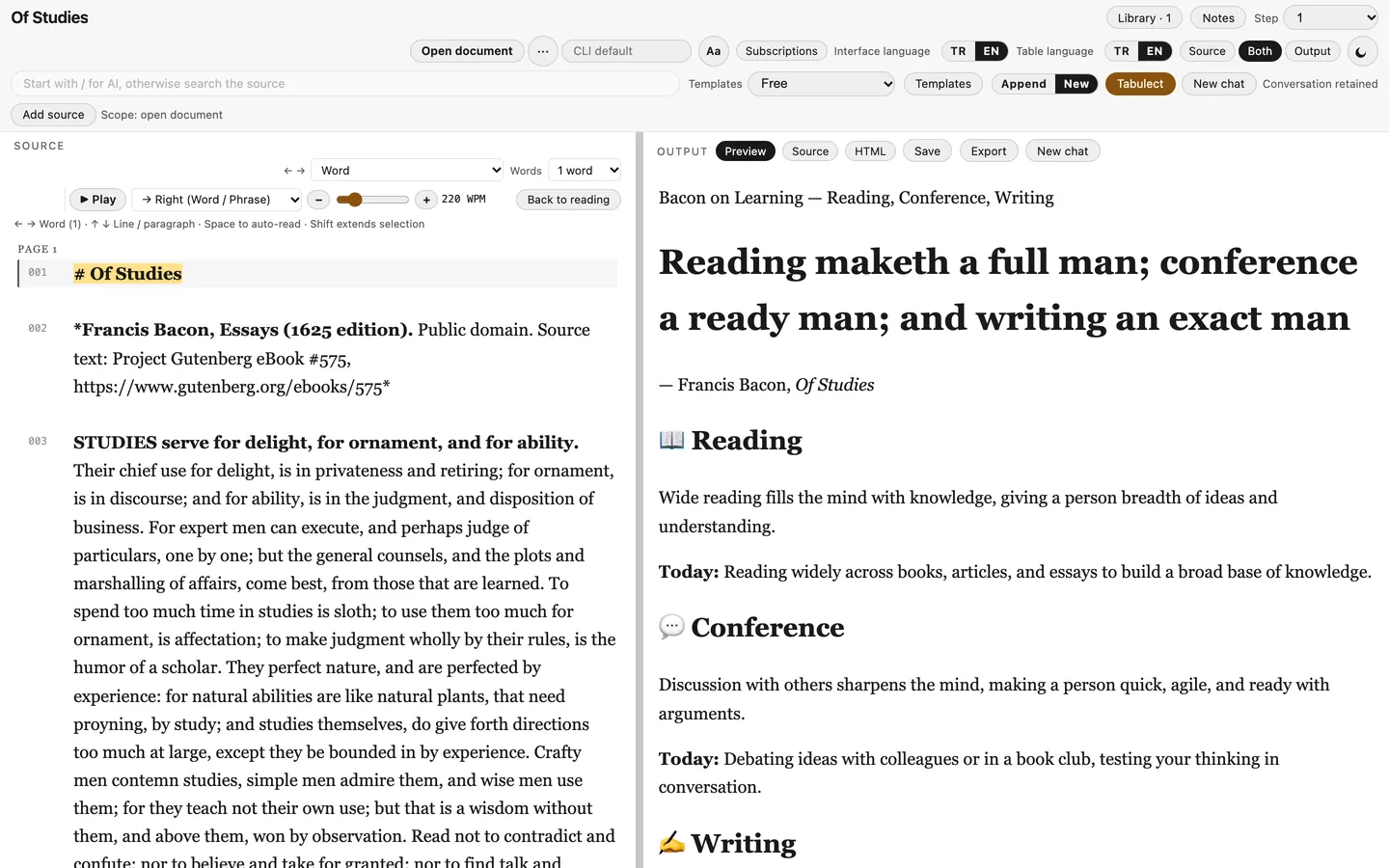 Tabulect showing the essay and an HTML card, with the interface in English.
