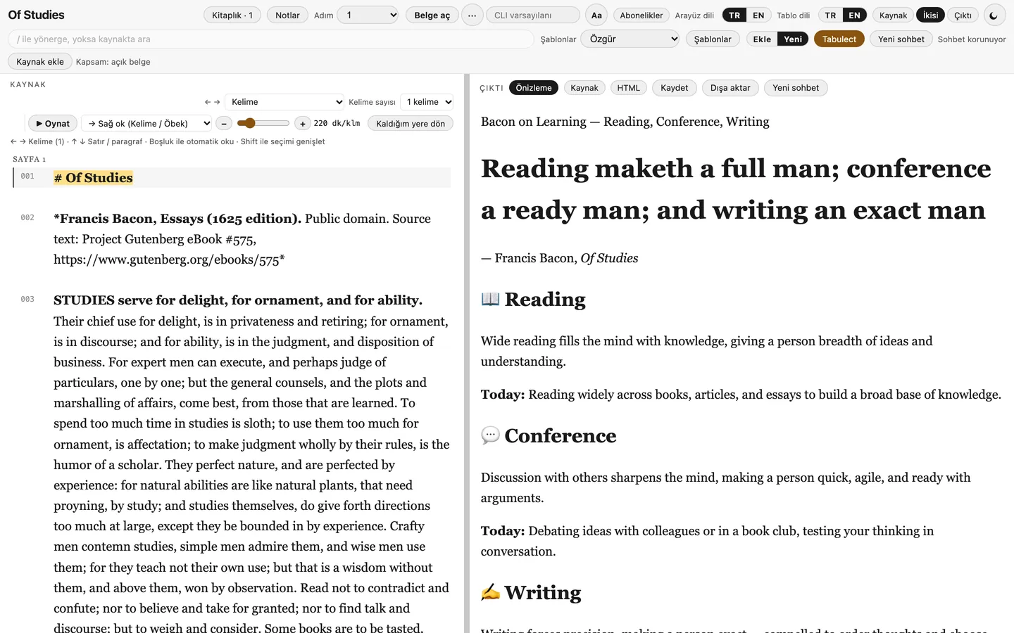 Tabulect showing the essay and an HTML card, with the interface in Turkish.